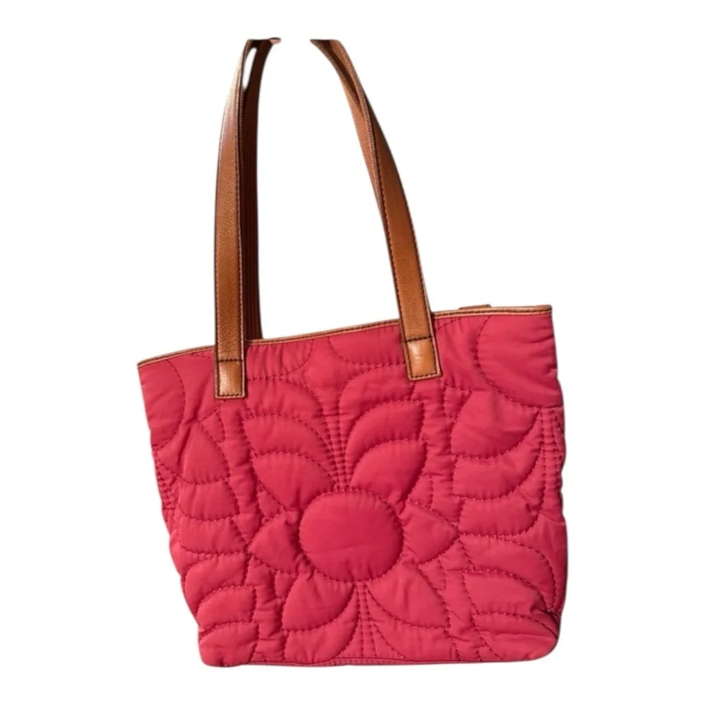 Fossil Red Floral Quilted Tote Bag Leather Trim Cottagecore Coquette
